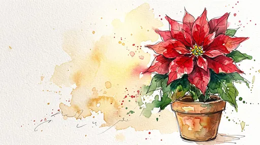 Watercolor Red Poinsettia in Clay Pot