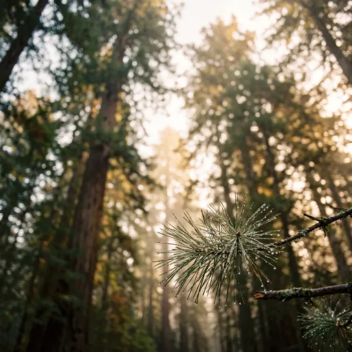 Dewy Pine Needles in Misty Forest