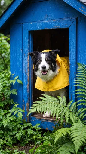 Border Collie in Yellow Raincoat in Doghouse