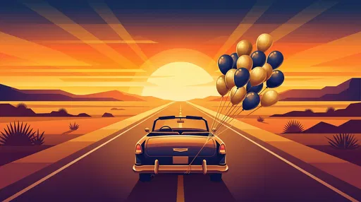 Classic Convertible With Balloons at Sunset