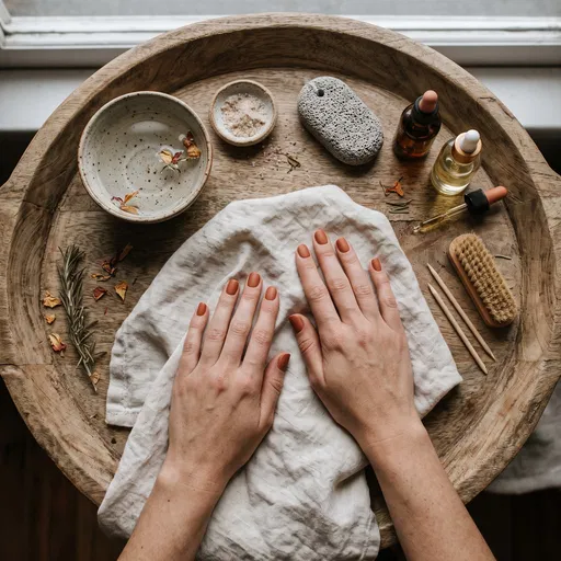 Hands With Terracotta Nails On Manicure Tray