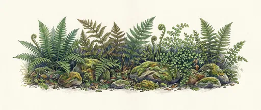 Botanical Illustration of Ferns and Mossy Stones