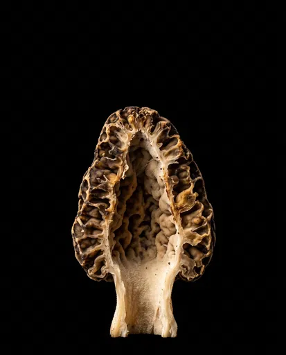 Halved Morel Mushroom on Black Background