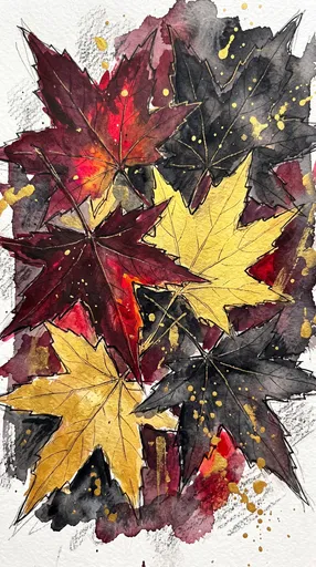 Mixed-Media Burgundy Gold and Black Autumn Leaves