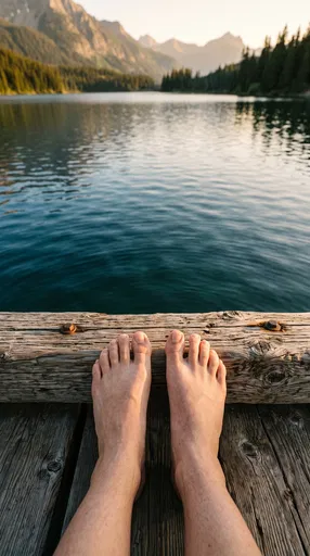 Bare Feet on Wooden Dock by Lake