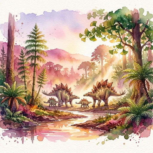 Watercolor Stegosaurus Family in Prehistoric Valley