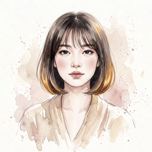 Watercolor Portrait of Woman with Bob Haircut