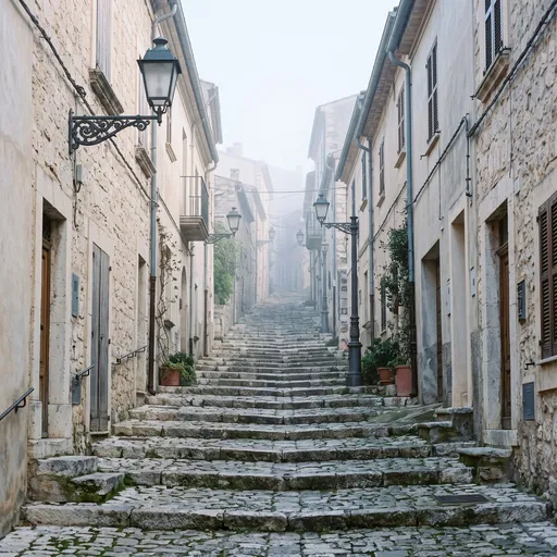 Misty Mediterranean Stone Stepped Alleyway