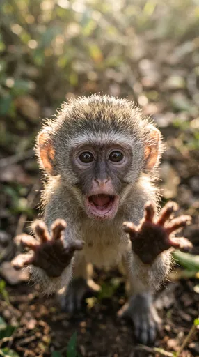 Surprised Baby Monkey Reaching Toward Camera