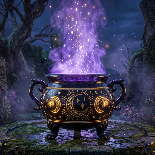 Magical Obsidian Cauldron With Violet Vapor