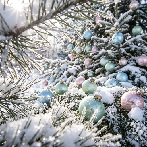 Pastel Vintage Baubles on Snowy Fir Tree