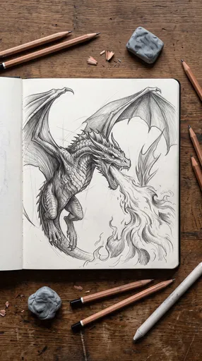 Graphite Dragon Sketch in Open Sketchbook