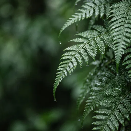 Wet Tropical Fern Fronds with Raindrops