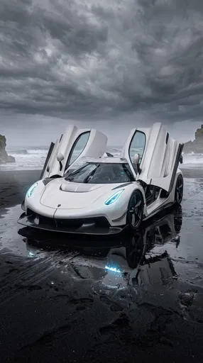 White Hypercar on Black Sand Beach