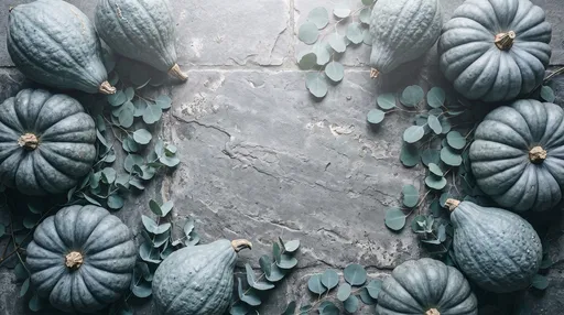 Blue Pumpkins and Eucalyptus Stone Flat Lay