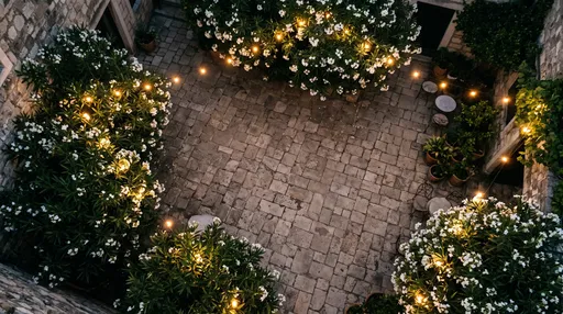 Aerial View of Lit Mediterranean Courtyard