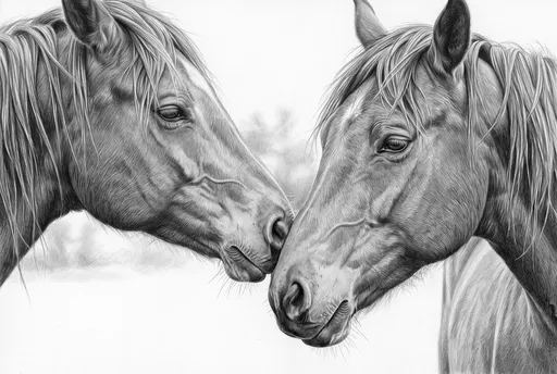 Graphite Drawing of Two Horses Nuzzling