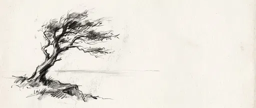 Minimalist Charcoal Sketch of Windswept Tree