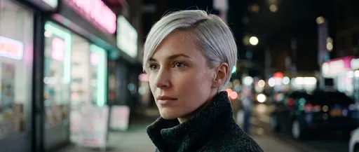 Woman With Blonde Pixie Cut at Night
