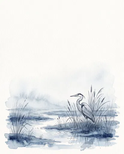 Blue Watercolor Heron in Wetland Reeds