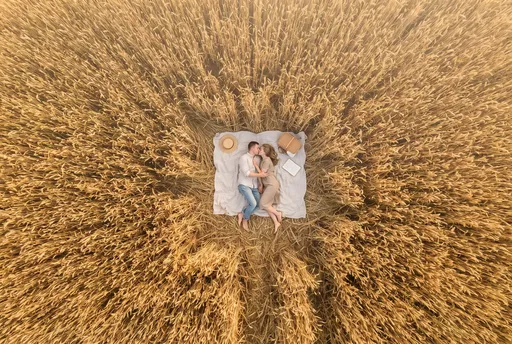 Aerial View of Couple in Wheat Field