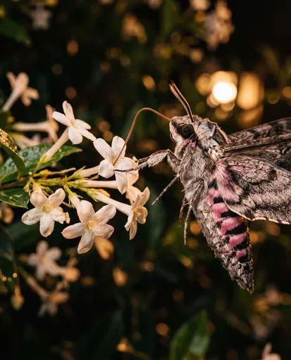 Hawk Moth Feeding on White Blossoms