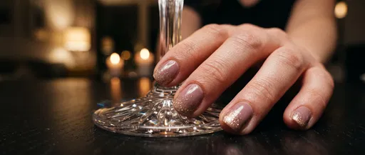 Close-Up of Mauve Glitter Manicure on Glass