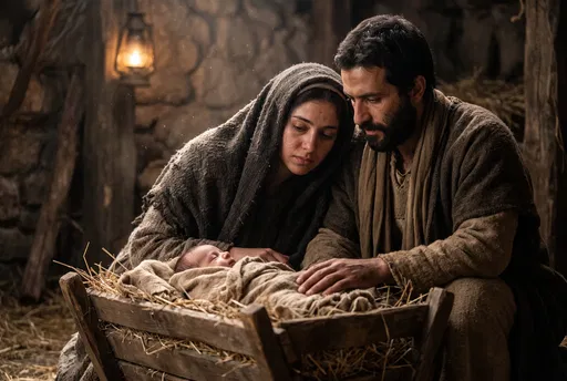 Middle Eastern Parents Watching Newborn in Manger