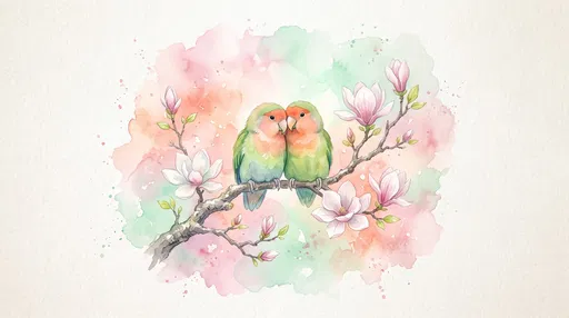 Watercolor Lovebirds on Flowering Magnolia Branch