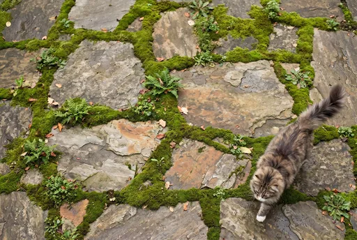 Fluffy Cat on Mossy Flagstone Patio
