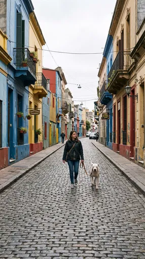 Woman Walking Dog on Colorful Street