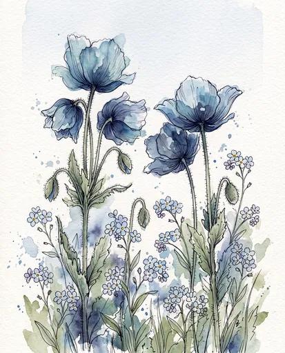 Watercolor Blue Poppies and Forget-Me-Nots Illustration