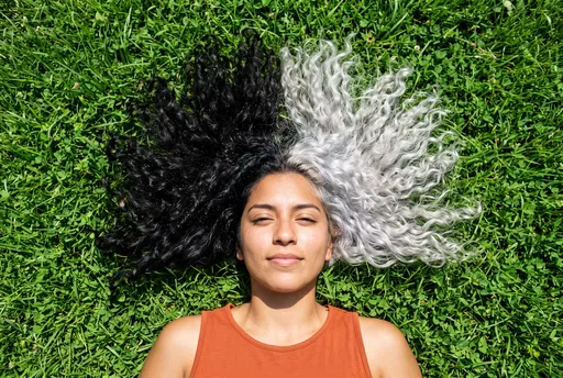 Woman With Split Dyed Hair On Grass