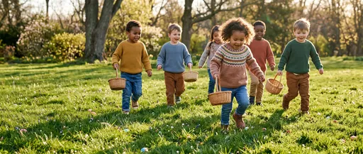 Diverse Children Running in Easter Egg Hunt