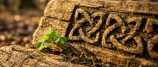 Green Clover Beside Carved Celtic Woodwork