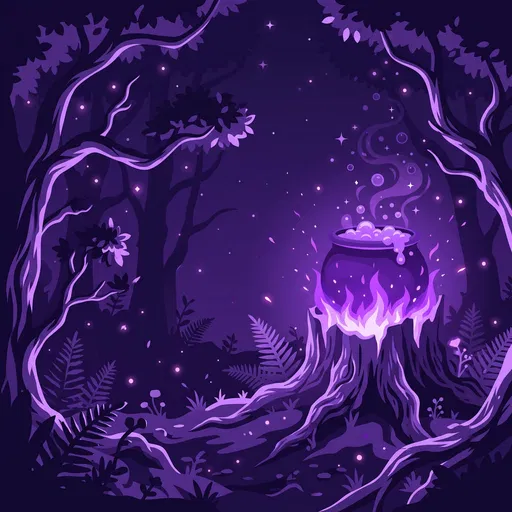 Glowing Purple Cauldron in Dark Forest Illustration