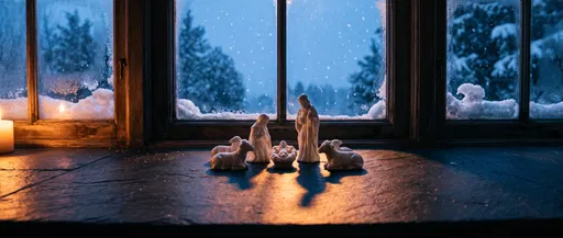 Porcelain Nativity Set on Snowy Windowsill