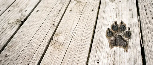 Wet Canine Paw Print on Wooden Deck