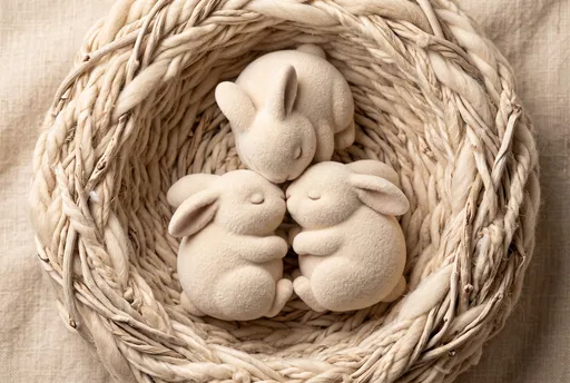 Three Plush Bunnies Sleeping in Nest