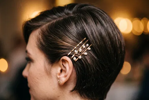 Pixie Cut With Gold Pearl Hairpins
