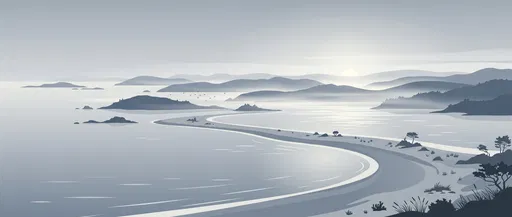 Serene Monochrome Coastal Archipelago Vector Landscape