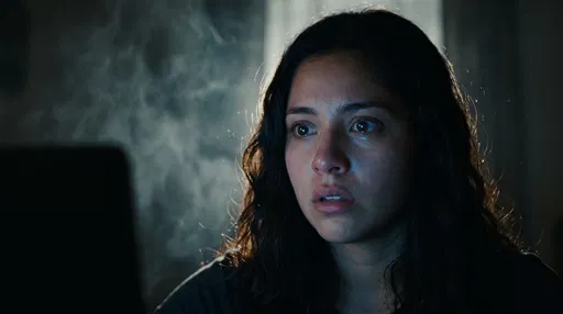 Shocked Woman Watching Screen in Dark
