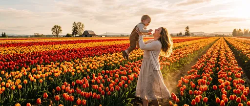 Mother Lifting Toddler in Sunset Tulip Field