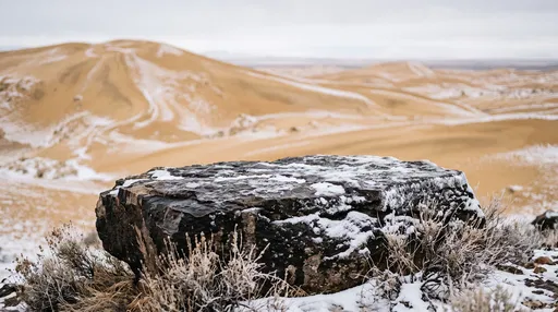 Snow Dusted Boulder in Winter Desert