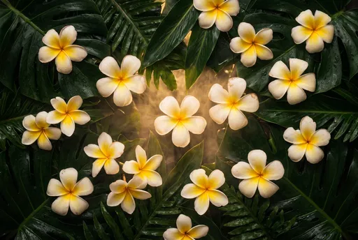 White Frangipani Blossoms on Tropical Leaves
