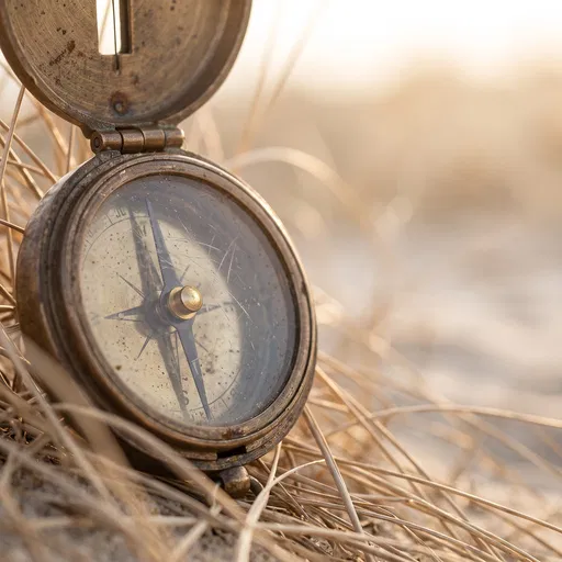 Weathered Bronze Compass on Dune Grass