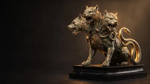 Bronze Cerberus Sculpture on Dark Plinth