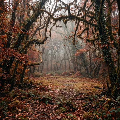 Misty Autumn Forest Clearing With Mossy Trees