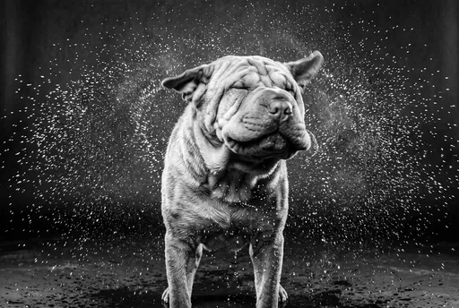 Monochrome Shar-Pei Shaking Off Water