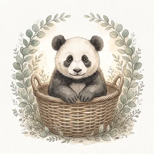 Watercolor Panda Cub in Woven Basket
